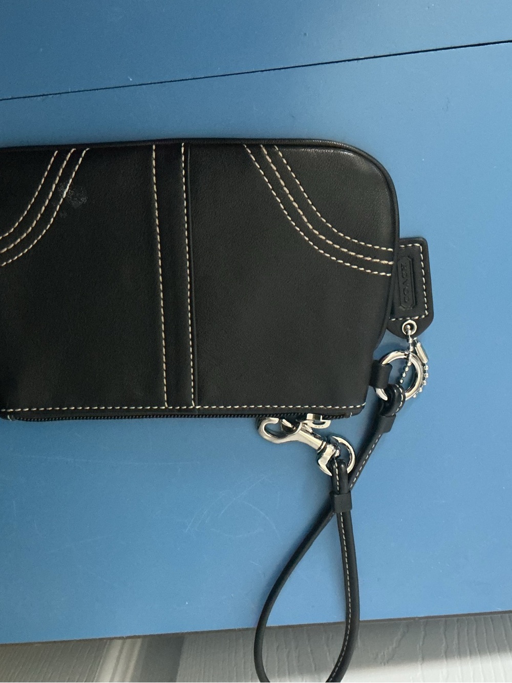Coach Black Leather Wristlet with White Contrast Stitching